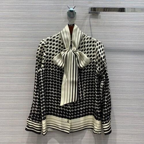 Quality 11.17 High End Fashion Vintage Elegant Bow Ribbon Geometric Plaid Print Pattern 100% Silk Shirt Blouse Women