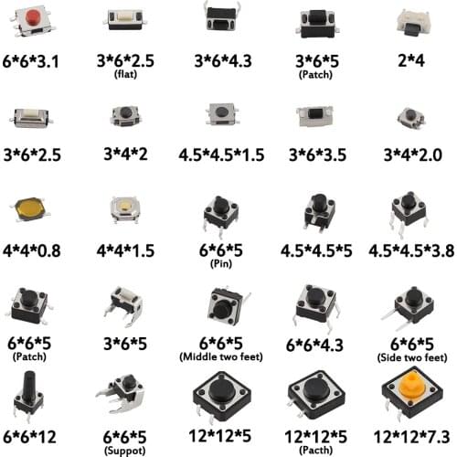 125Pcs 25Types/lot Micro Switch Push Button Tact Switches Reset Mini Leaf Switch SMD DIP 2*4 3*6 4*4 6*6 Diy Assorted Kit