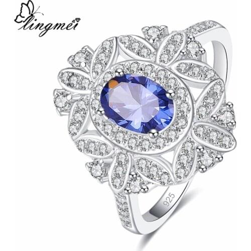 Lingmei Wholesale Wedding Flower Jewelry Women Fashion Blue Red Zircon Silver Color Ring Size 6 7 8 9 Engagement Anniversary