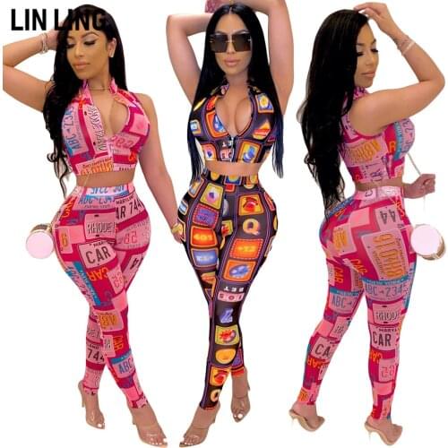 LINLING Womens Sexy 2 Piece Outfits Set 2021 - Front Zipper Sleevess Crop Tops High Waisted Pants Suit Sports Tracksuit Clubwear