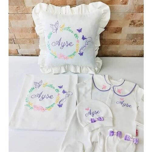Jaju Baby Handmade, Butterfly And Name Embroidered Baby Newborn Set