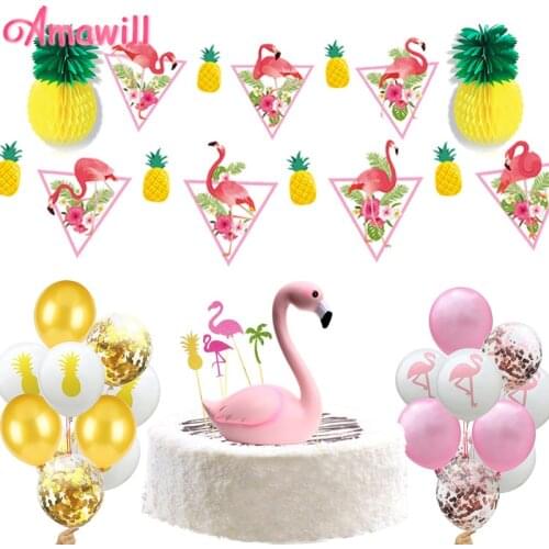 Amawill Flamingo Party Decorations Set Cake Topper Garland Balloons Pineapple Pompom for Birthday Hawaiian Party Supplies 8D