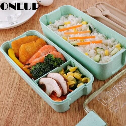 ONEUP Eco-friendly 900ML Lunch Box Wheat Straw Bento Box With Tableware 3 Layer Food Storage Container For Picnic Office School