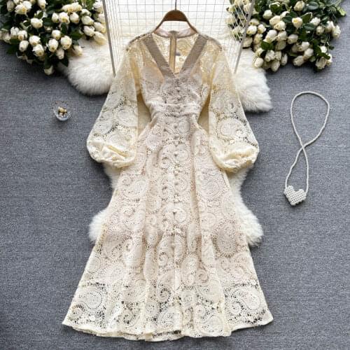 Autumn Women Beige Lace Long Dress Vintage V-Neck Puff Sleeve High Waist Hollow Out Maxi Vestidos Vacation Beach Party Robe 2021