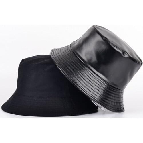 New Autumn Winter Bucket Hats Men Women Pu Faux Leather Fisherman Hat Double Sided Panama Solid Ladies Girls Fashion Panama