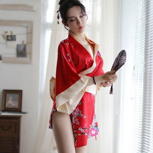 Japanese Kimono Pajamas Uniform Cosplay Women Sexy V-Neck Yukata Floral Print Dress 2021 New Fashion Short Night Gown