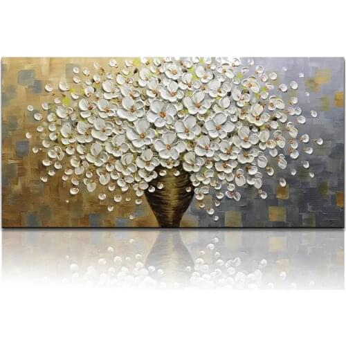Hand Painted Long Wall Art 3D Floral Oil Painting White Flowers Wall Art On Canvas Handing Painting Picture Oil Canvas Unframe