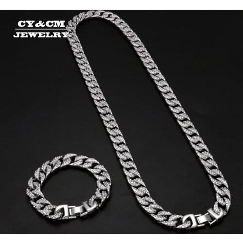 Heavy Miami Cuban Chain Full Rhinestone Bracelet Necklace Set Gold Silver Color 13mm Choker for Mens Hip hop Iced Out Necklaces