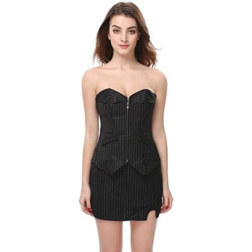 WYS.JL Sexy Striped Black Corset Womens Steampunk Corset Dress Set Plus Size S-6XL