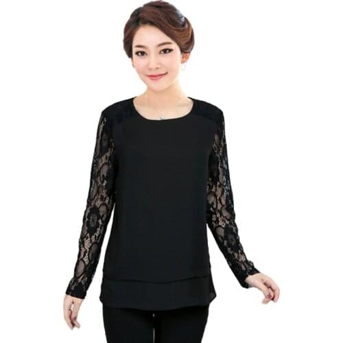 Womens Big Size Lace Chiffon Blouses Middle Aged Mother Plus Size Shirts Spring Autumn Lady Large Size L- 4XL Black Tops
