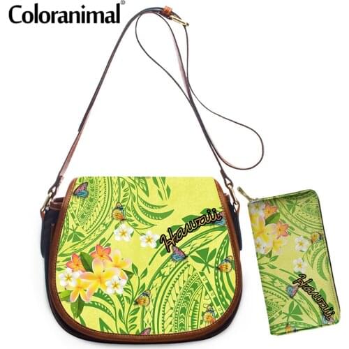 Coloranimal Spring Hawaiian Polynesian Plumeria With Butterfly Printed Ladies Crossbody Bag 2Pcs Shoulder Bag&Purse PU Bolsa Hot