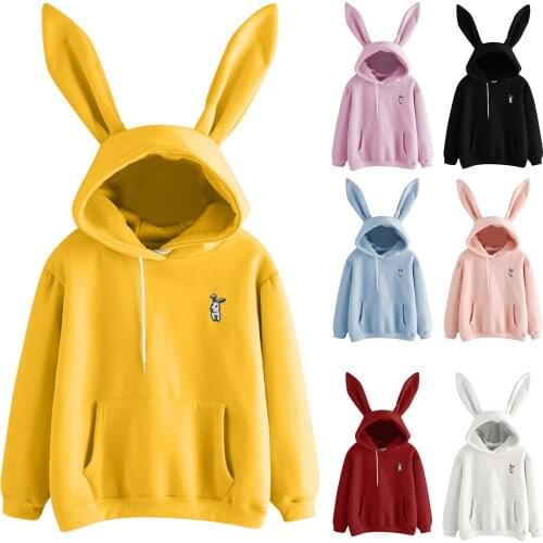 Womens Hoodie Girls Cute Rabbit Bunny Ears Top Long Sleeve Casual Hooded Sweatshirt Warm Pullover PR Sale