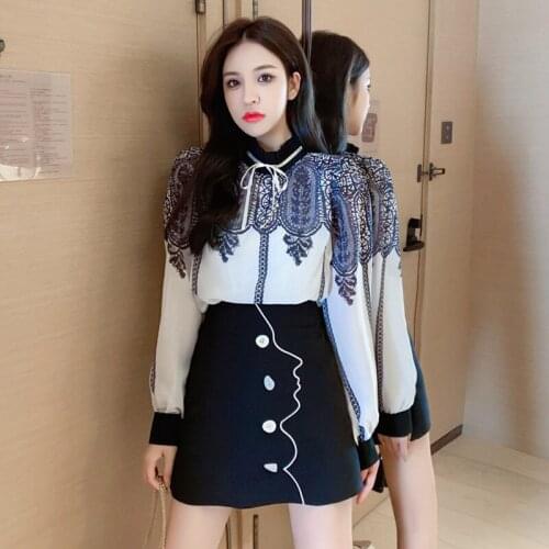 New Autumn Women Two-piece Set 2020 Fashion Bowknot Print Shirt+High Waist A Line Mini Skirt Outfits