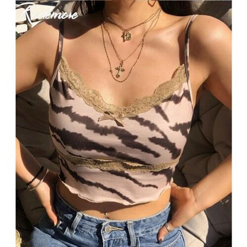 Rockmore Tiger Striped Print Cami For Women Lace Patchwork Spaghetti Strap Sexy Low Cut Crop Tank Top Skinny Summer Clubwear