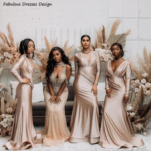 Champagne Mermaid Bridesmaid Dresses Long Sleeve Pleat V-neck Long Wedding Party Dress For Women 2021 Maid Of Honor