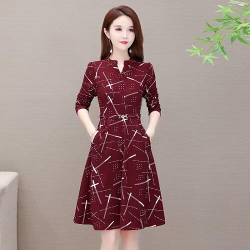 2021 Spring Autumn Fashion Print Women Dress Elegant Long Sleeve Belt OL Office Ladies Work Dress Plus Size A Line Midi Dress