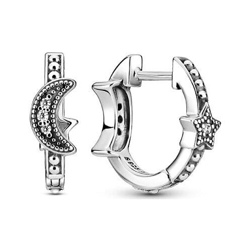 2021 New Free Shipping Authentic 925 Sterling Silver Crescent Moon & Stars Beaded Hoop Earrings For Original Women DIY Jewelry