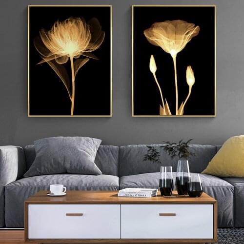 Abstract Flowers Light Yellow Flowers Canvas Paintings On Black Groud Wall Art Posters Modern Art Pictures For Living Room Decor