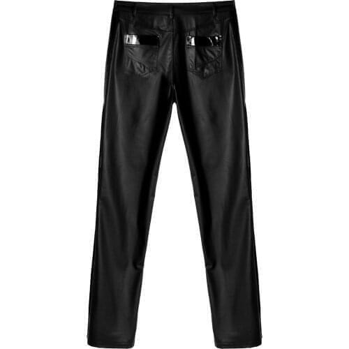 Faux Leather Pants Men Fashion Plus Size Elastic Skinny Patchwork Stage Performance Motorcycle Mid Waist Trousers with Pockets