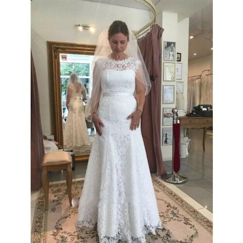 Elegant Sheath Wedding Dresses Tulle Floor Length Formal Bridal Gowns Lace Appliques Customize Wedding Dress With Sash