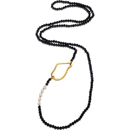 Lily Jewelry Black Spinel Freshwater Pearl 925 Sterling Silver Gold color Geometric Circle Long Necklace 65cm Delicate Jewelry