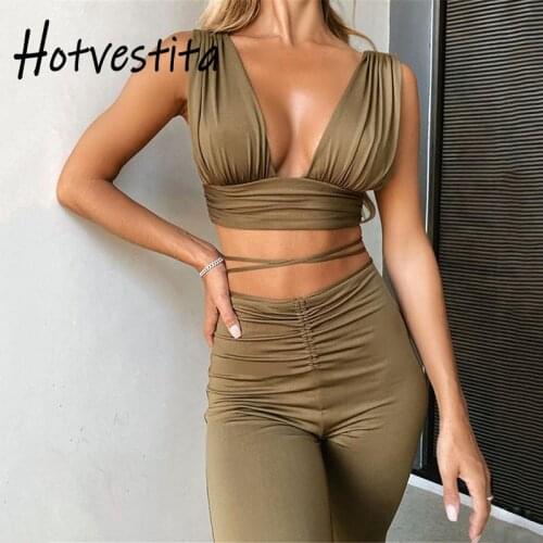 Hotvestita 2021 New Woman Matching Sets Sexy Sleeveless Vest Tube Crop Top Long Drawstring Flare Pants 2 Piece Sets Club Outfits