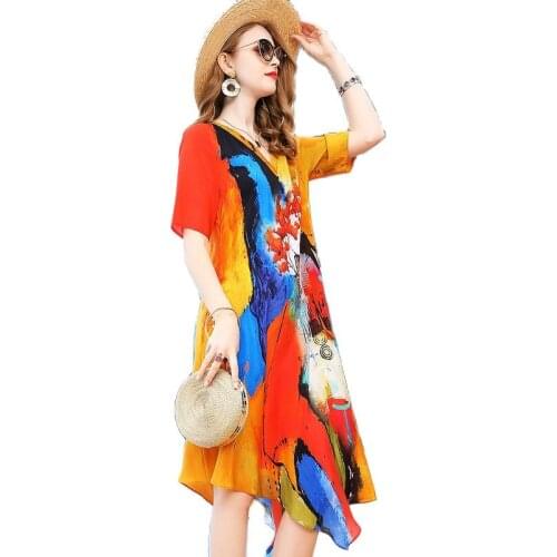 L7HE1659 Spring and Summer 2019 Clothing V-necked 100% Silk Clothes Printing Medium-length Vintage Thin Women Dress