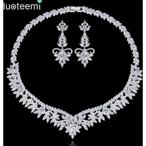 LUOTEEMI Romantic Luxury CZ Crystal Heavy Collar Choker Necklace For Women Flower Shaped Bridal Wedding Party Necklace Jewellery