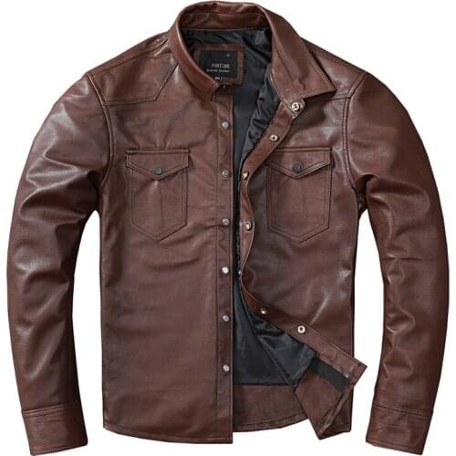 Spring and Autumn Mens Sheepskin Jacket Slim-fit Short Shirt Chocolate Color Leather Jacket for Male