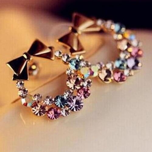 New Fashion pendientes Earrings Imitation Rhinestone Colorful Rhinestone Bow Vintage Stud Earrings Jewelry wholesale