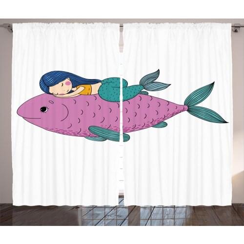 Mermaid and Fish Curtains Ocean Best Friends Cartoon Satin Fabric Drapes for Living Room Bedroom 2 Panel Window Set
