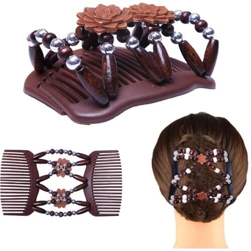 1pc Double Beaded Wood Beads Hair Comb Brush Magic Hair Clips Pins Elastic Headwear Fashion Women Hair Styling Accessories