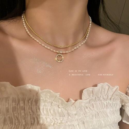Korean Fashion Simple Niche Item Decoration Freshwater Pearl Zircon Smile Face Necklace for Women Jewelry 2pcs