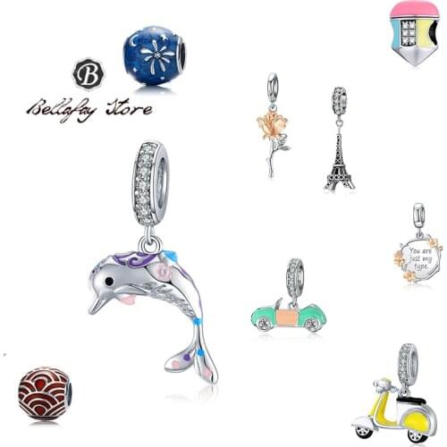 Bellafay Customed Dolphin Charms Real 925 Sterling Silver Rose Beads Tower Pendants Fits Original Bracelet Bangle DIY Jewelry