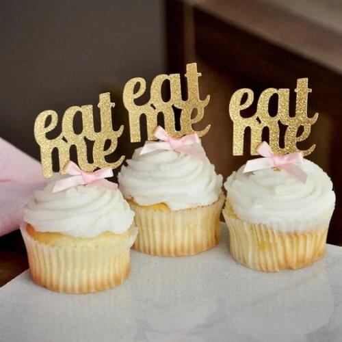 Glitter Eat me cupcake toppers,gold tea party decor, eat me with ribbon bow Alice in Wonderland Party cupcake toppers
