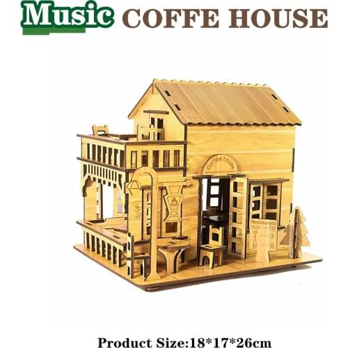 3D Wooden Puzzle Coffee House Model Laser Cutting Assembling House Kids Toy Wooden DIY Handmade Mechanical for Kids