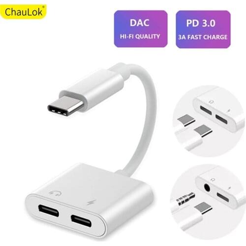 Dual USB Type C Splitter DAC 2 in 1 Audio Fast Charge Type C to 3.5mm Headphone Adapter for Samsung S20 Ultra S10 9 Note 10 Plus