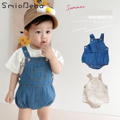 Unisex Boys Sleeveless Denim Backpack Khaki Rompers Summer Korean Triangle Bag Fart Creeping Costumes For Girl Jumpstuis Overall