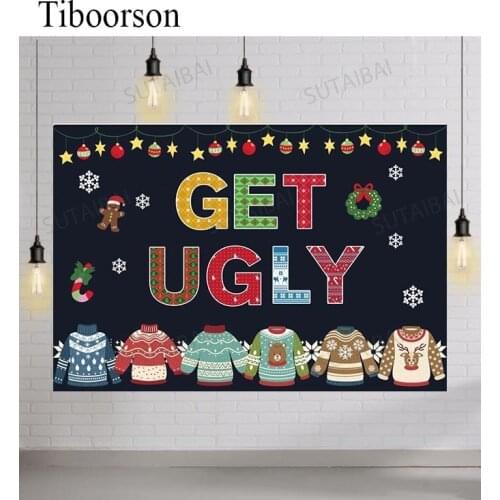 Get Ugly Sweater Snowflake Stripe Gingerbread Backdrops Christmas Family Friend Party Background Photography Poster Photocall