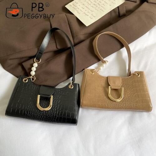 Exquisite PU Leather Ladies Subaxillary Bags Female Zipper Chain Shoulder Bags Alligator Pattern Pearl Underarm Bag