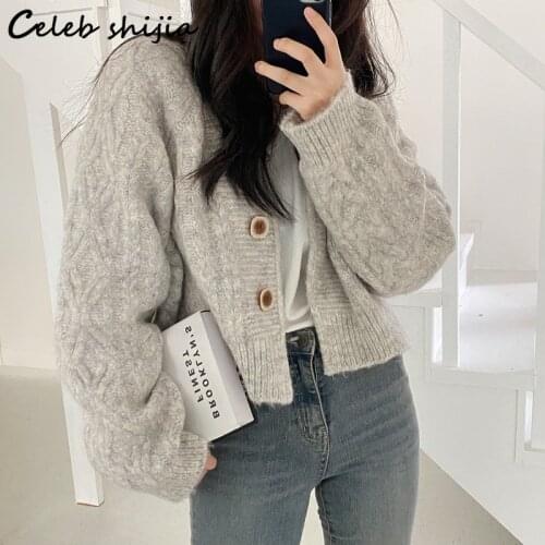 SHIJIA Gray Knitted Cardigan Woman Autumn Winter 2021 Single-breasted V-neck Knitted Tops Korean Full-sleeve Sweater Coat Fall