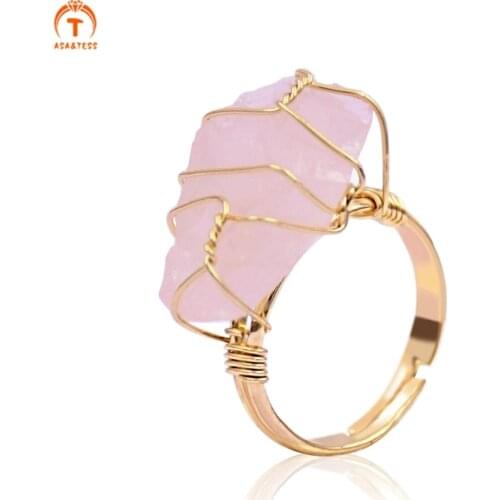 Natural Raw Crystal Rings Rainbow Fluorite Rose Quartz Fluorite Clear Quartz Handmade Gold Wire Wrapped Ring Wedding Gift Women