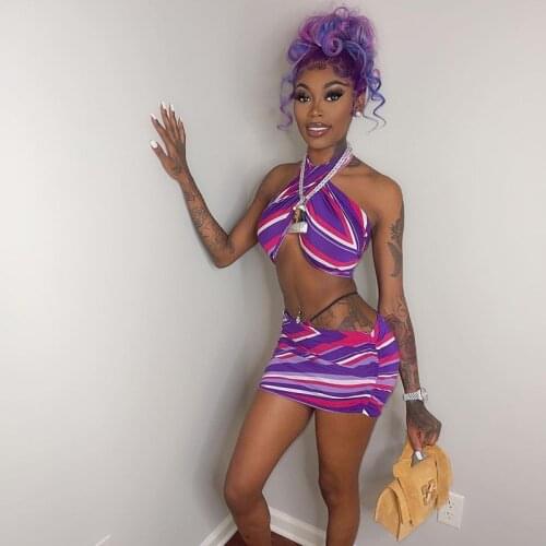 Echoine 3 Pieces Set Colorful Patchwork Print Cross Wrap Crop Top and Mini Skirt Sexy Backless Tracksuit Outfits Streetwear