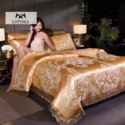 Lofuka Luxury Jacquard Flower Bedding Set European Lace Comforter Duvet Cover Flat Sheet Pillowcase Double Queen King Bed Set