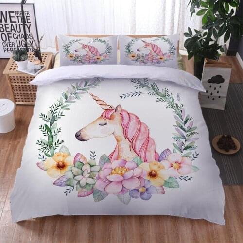2/3 Pcs 3D Unicorn Flowers Bedding Set With Pillowcase Polyester Printed Bed Linen Duvet Cover Quilt Cover Set Home Textile sjLY