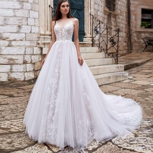 ADLN Sheer Neck Lace Wedding Dress Custom Made Ball Gown Bride Dress with Appliques Sweep Train Bridal Gown