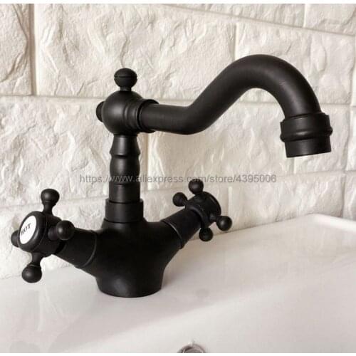 Black Oil Rubbed Brass Basin Faucet Double Handle Single Hole Bathroom Hot and Cold Mixers Lavatory Sink Washing Tap Bnf348