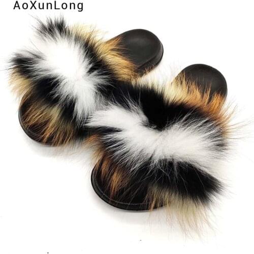 Fur Slippers Womens Summer Fox Fur Slides Real Fox Hair Flip-flops Furry Home Shoes Female Fashion Household Non-slip Slippers