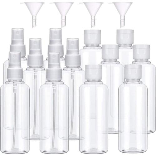 Free Ship 4 Pack 100ML Travel Transparent Spray Bottles and 100ML Flip Cap Bottles Set with Small Funnel for Cosmetic Liquid
