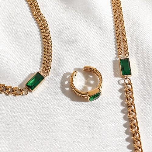 Tarnish Free Assymetric Cuban Chain Square Green Zircon Jewelry Set Gold Choker Necklace Chain Bracelet Adjustable CZ Ring